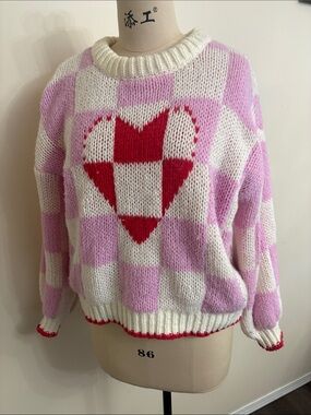 Pink & White Checker Heart Sweater with Red Accent